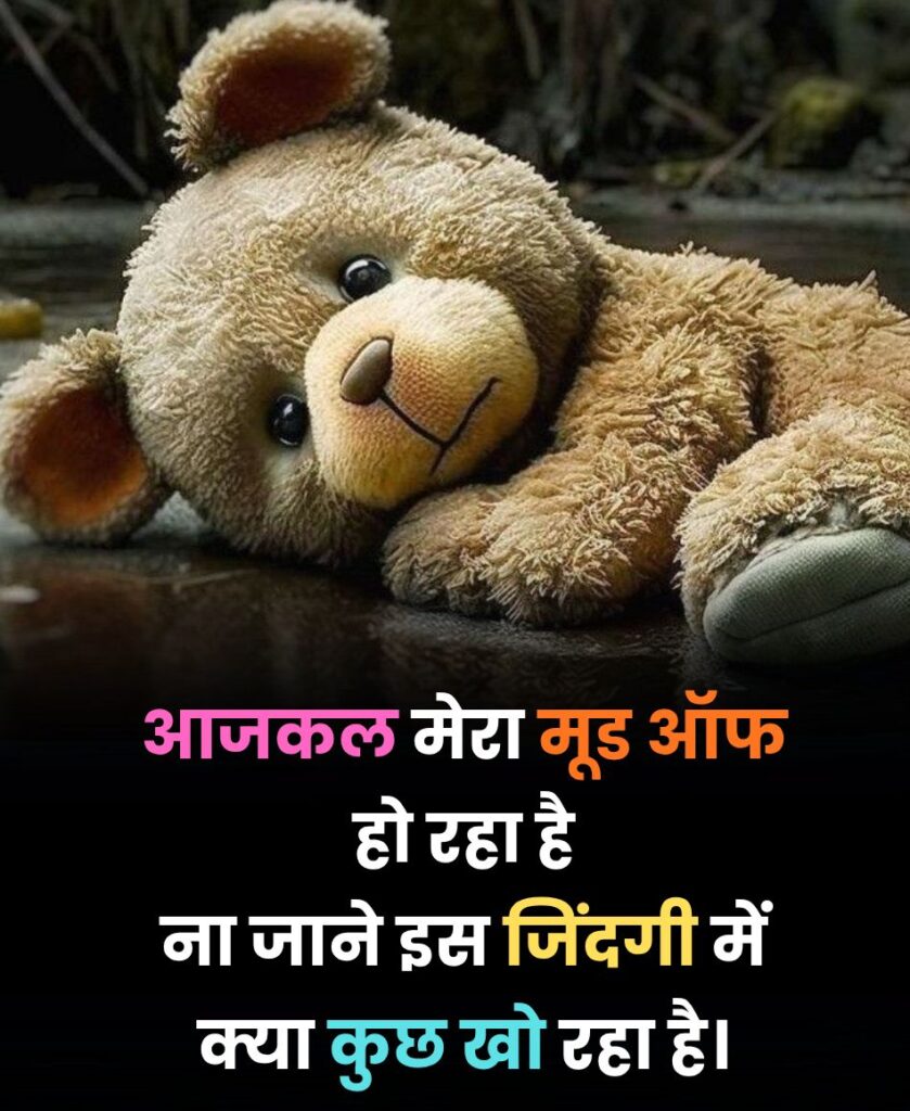Brown teddy bear with mood off status text
